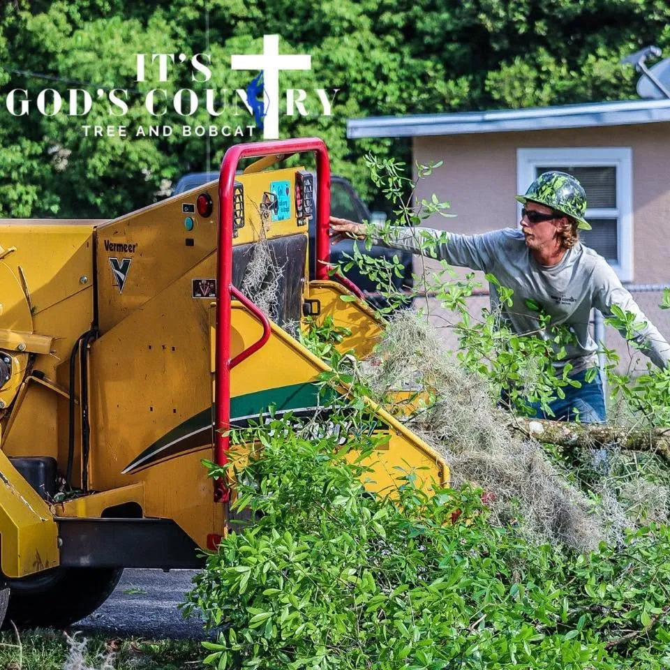 God's Country crew feeding storm brush into a wood chipper in DeLand, FL